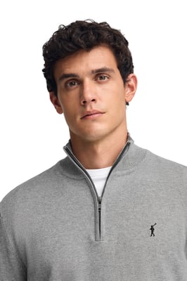 Pullover grau meliert aus Wollgemisch mit halbem Reißverschluss und gesticktem Rigby Go-Logo