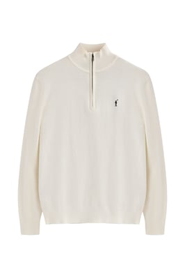 Pullover ecru aus Wollgemisch mit halbem Reißverschluss und gesticktem Rigby Go-Logo