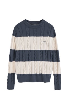 Strickpullover denimblau und ecru gestreift mit Zopfmuster und Polo Club-Patch