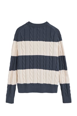 Strickpullover denimblau und ecru gestreift mit Zopfmuster und Polo Club-Patch