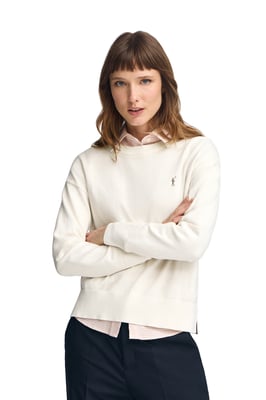 Pullover ecru mit Rundhalskragen aus Wollgemisch mit gesticktem Rigby Go-Logo