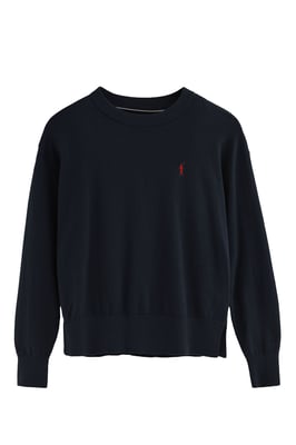 Pullover marineblau mit Rundhalskragen aus Wollgemisch mit gesticktem Rigby Go-Logo