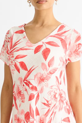 Rotes V-Ausschnitt-Kleid mit Blumenmuster aus Baumwolle