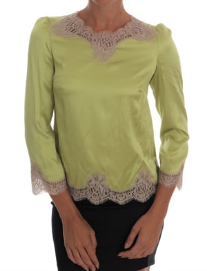 Limonengrüne Seidenbluse mit Spitzenbesatz