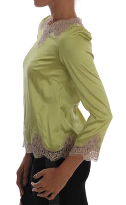 Limonengrüne Seidenbluse mit Spitzenbesatz