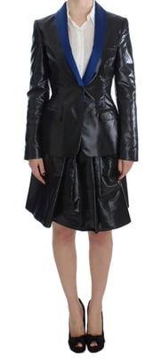 Schwarzes Blazer-Rock-Anzug mit blauen Kontrasten