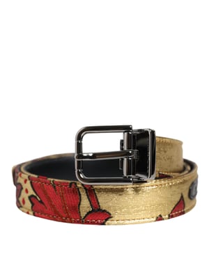 Dolce & Gabbana Gold Floral Jacquard Gürtel mit silberner Metall-Schnalle