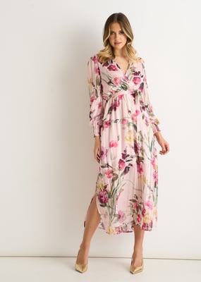 Rosa geblümtes Chiffon-Wickel-Midikleid mit Glitzer