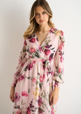Rosa geblümtes Chiffon-Wickel-Midikleid mit Glitzer