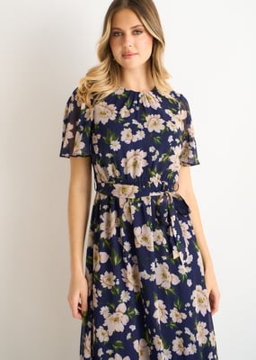 Marineblaues Midikleid mit Blumendruck und Schlaghose