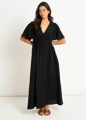 Schwarzes V-Ausschnitt Winkelärmel Skater Maxikleid