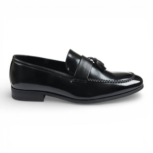 Schwarze Herren-Slipper aus hochglänzendem Lackleder mit Quasten
