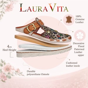 Laura Vita Damen-Sandalen Dorry 01 mit floralem Muster, beigefarbenem Leder und Keilabsatz