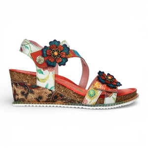 Laura Vita Damen-Espadrilles „Bonito 32“ aus orangefarbenem Leder mit Blumenmuster und Keilabsatz
