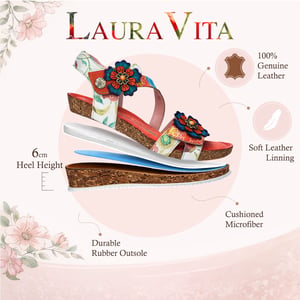 Laura Vita Damen-Espadrilles „Bonito 32“ aus orangefarbenem Leder mit Blumenmuster und Keilabsatz