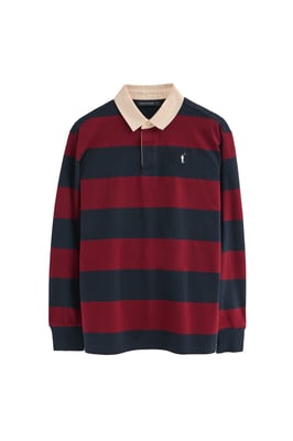 Poloshirt marineblau und granatrot gestreift mit langen Ärmeln und gesticktem Rigby Go-Logo