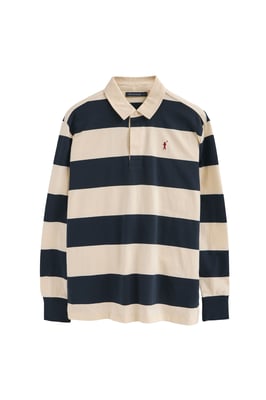 Poloshirt marineblau und ecru gestreift mit langen Ärmeln und gesticktem Rigby Go-Logo