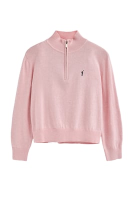 Pullover rosa meliert aus Wollgemisch mit halbem Reißverschluss am Kragen und gesticktem Rigby Go-Logo