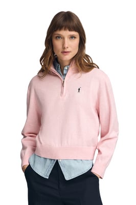 Pullover rosa meliert aus Wollgemisch mit halbem Reißverschluss am Kragen und gesticktem Rigby Go-Logo