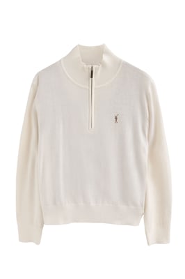 Pullover ecru aus Wollgemisch mit halbem Reißverschluss am Kragen und gesticktem Rigby Go-Logo
