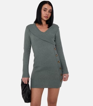 Salbeigrünes Wickelstrick-Knopf-Detail Mini-Pullover-Kleid