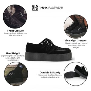 TUK Viva High Creeper Schwarze Wildleder-Plateau-Schnürschuhe im Gothic-Stil - AV6802
