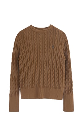 Pullover camel meliert mit Rundhalskragen aus Wollgemisch mit gesticktem Rigby Go-Logo