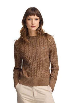 Pullover camel meliert mit Rundhalskragen aus Wollgemisch mit gesticktem Rigby Go-Logo