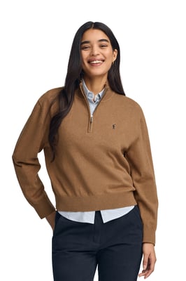 Pullover camel meliert aus Wollgemisch mit halbem Reißverschluss am Kragen und gesticktem Rigby Go-Logo