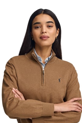 Pullover camel meliert aus Wollgemisch mit halbem Reißverschluss am Kragen und gesticktem Rigby Go-Logo