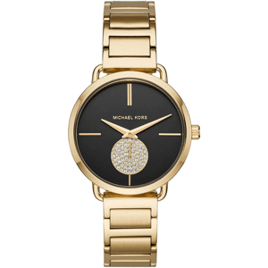 Michael Kors Portia MK3788 Damen 36,5 mm Gold Edelstahl Armbanduhr mit schwarzem Ziffernblatt