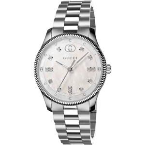 Gucci YA1265064 G-Timeless Damenarmbanduhr 29 mm Perlmuttzifferblatt mit Diamantakzenten