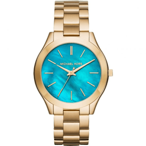 Michael Kors MK3492 Slim Runway 42mm Goldfarbene Edelstahl Damenarmbanduhr mit blauen Zifferblatt