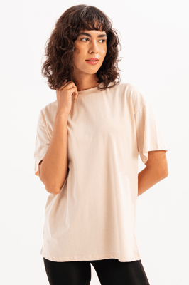 JUSTEVER Damen-T-Shirt aus 100 % Baumwolle, Oversize-Passform, Rundhalsausschnitt, Beige - Halo