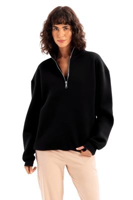JUSTEVER Oversize Fit Stehkragen Halbreißverschluss Schwarzes Damen-Sweatshirt - Cass