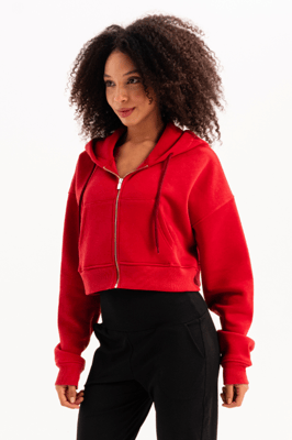 JUSTEVER Crop-Hoodie mit Reißverschluss, Kängurutasche und erhöhtem Bund, rot, Damen-Sweatshirt - Lumen