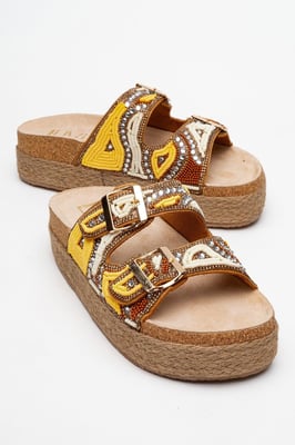 Bobby Beaded Straw Plateau Slide Sandale