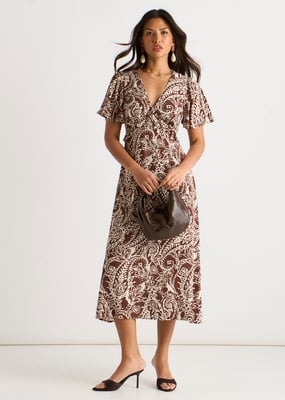 Schokoladenfarbenes Midikleid mit Paisleymuster und Rüschen