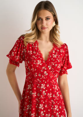 Rotes Midikleid aus Viskose mit Spitzenbesatz
