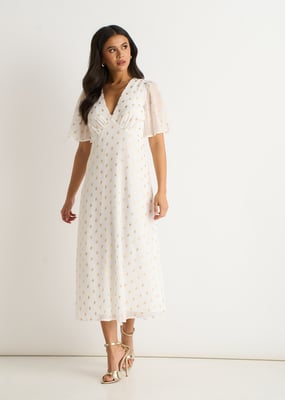Weißes Midi-Skaterkleid mit V-Ausschnitt und Folie