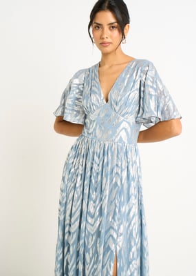Blaues Metallic-Folien-Print Maxikleid mit kurzen Ärmeln