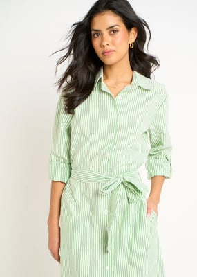 Grünes langärmeliges Seersucker-Streifen-Hemdkleid
