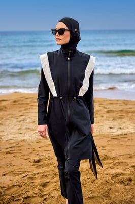 Schwarzes bescheidenes Burkini-Set mit verstellbarer Taille