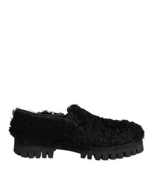Dolce & Gabbana Kleid Schwarze Fell Leder Hausschuhe Herren Schuhe