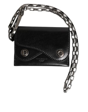 Dolce & Gabbana Schwarze Cavallo Leder Geldbörse Kette Snap Bifold Kartenhalter