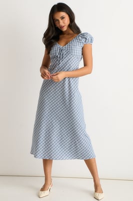 Blaues Midikleid mit V-Ausschnitt und strukturiertem Gingham-Muster