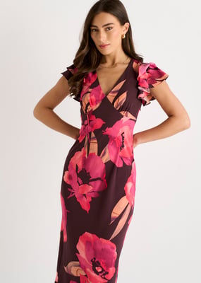 Braunes Maxikleid mit Rüschenärmeln und Blumenmuster