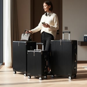 Schwarzer Hardshell-Doppel-4-Rad-ABS-Gepäckwagen Hartschalen-Koffer-Set