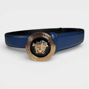 Versace Medusa Leder-Gürtel, Marineblau und Schwarz
