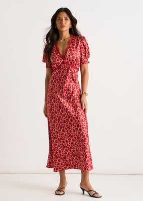 Rotes Midikleid mit floralem Spitzenbesatz und V-Ausschnitt